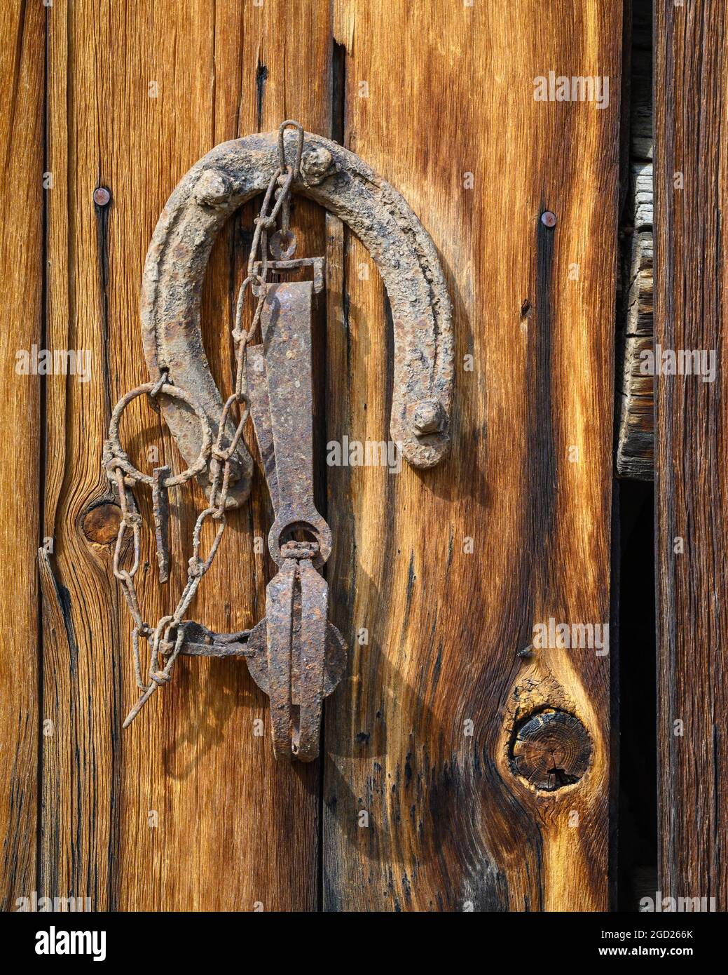 Metallo arrugginito e legno intemperie presso lo storico Riddle Brothers Ranch su Steens Mountain, nell'Oregon sudorientale. Foto Stock