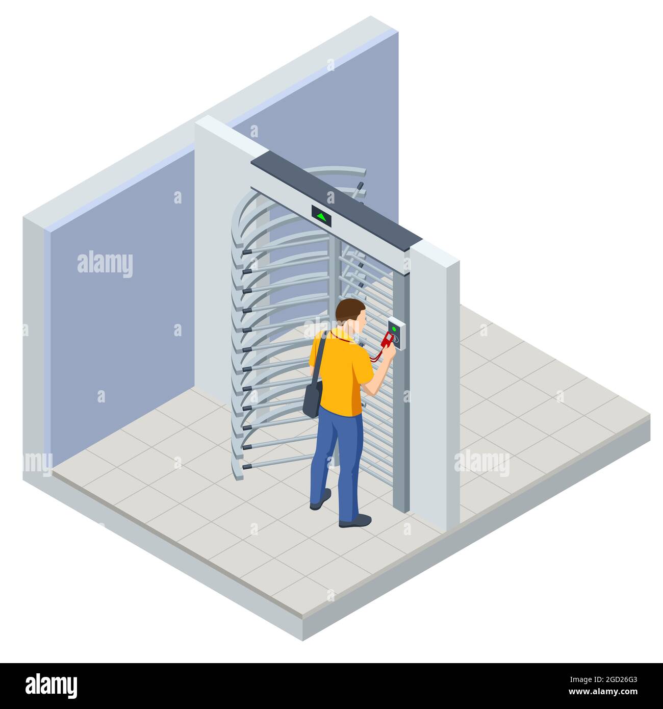 Sistema di sicurezza tornello isometrico a piena altezza. Cancelli di sicurezza. Apparecchiature di controllo dell'accesso. Tornelli di accesso con scheda magnetica. Tornello elettronico Illustrazione Vettoriale