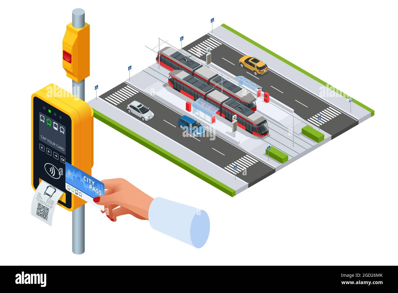 Convalida biglietto scheda isometrica visualizzazione scansione convalida biglietto tram. Donna che paga senza contatto con smartphone per i trasporti pubblici in Illustrazione Vettoriale