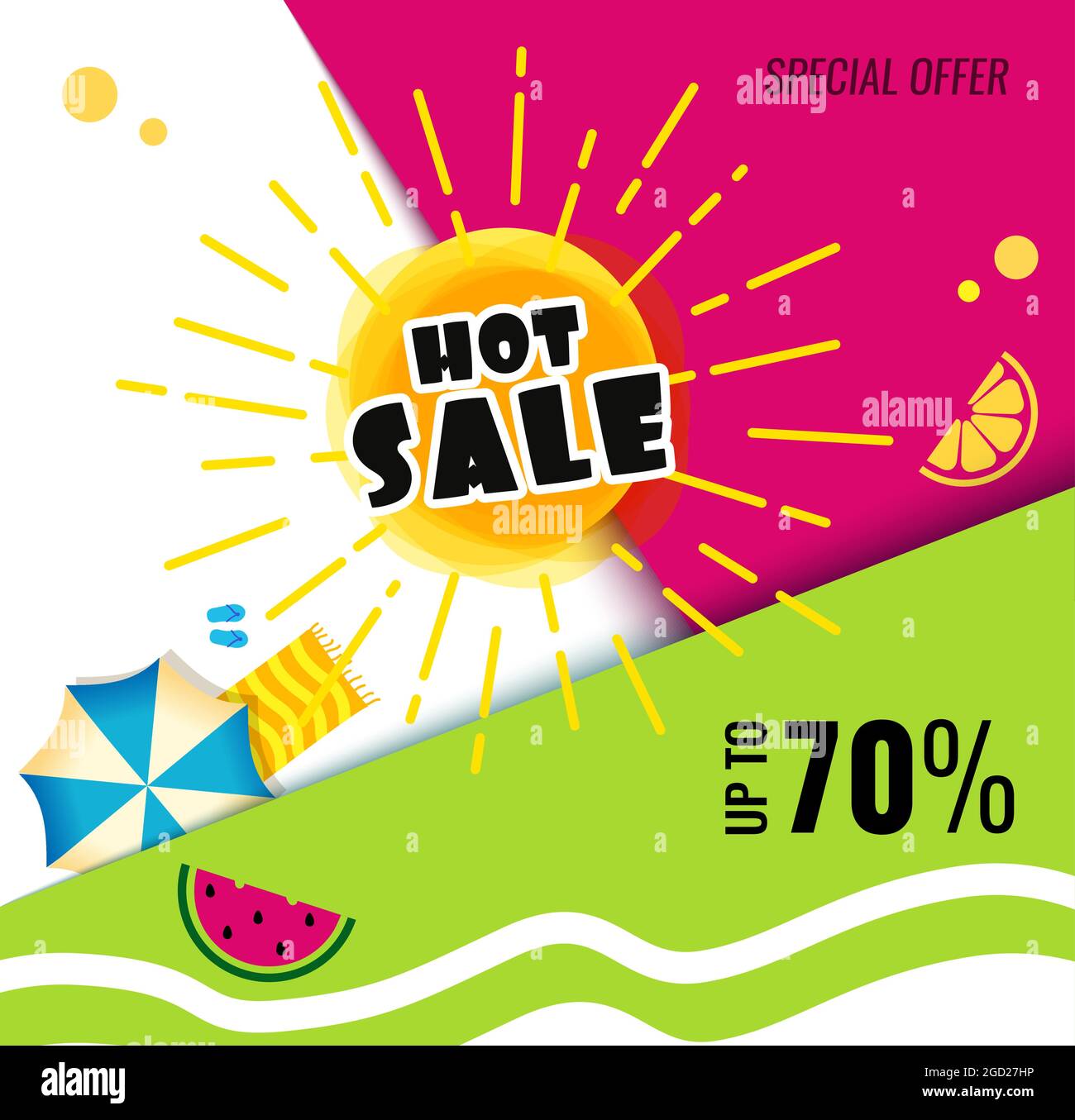 Bright Vendita modello banner design con sole estivo. Texte sur Hot saldi. Illustrazione Vettoriale