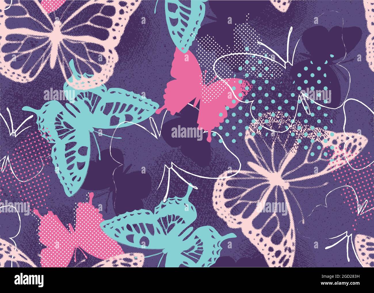 Pixelated Graffiti Butterflies Seamless Vector Pattern Illustrazione Vettoriale