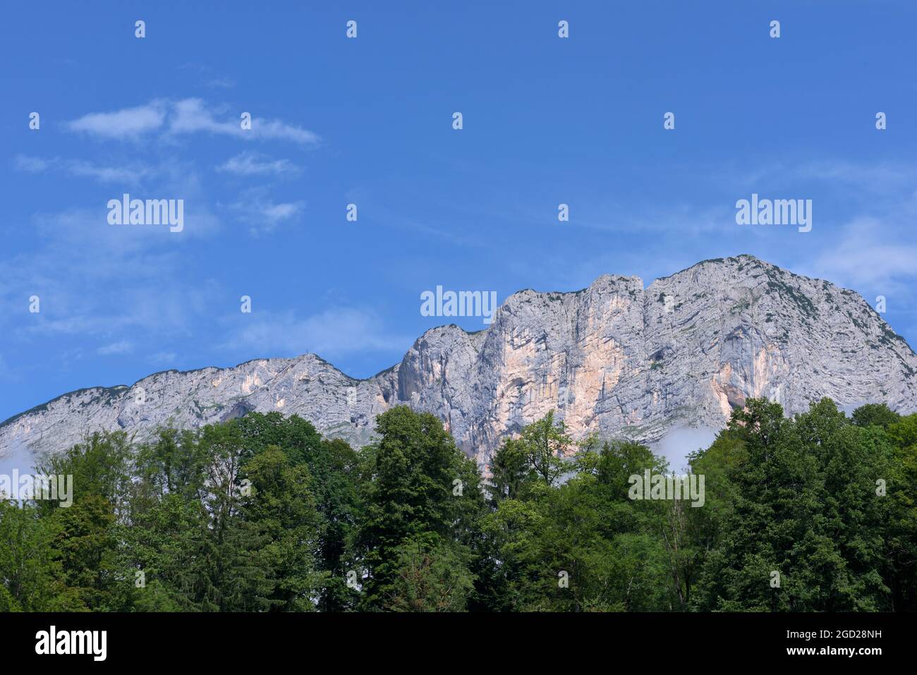 Vista del massiccio montano Untersberg e delle cime degli alberi da Maria Gern, Berchtesgaden, Baviera, Germania Foto Stock