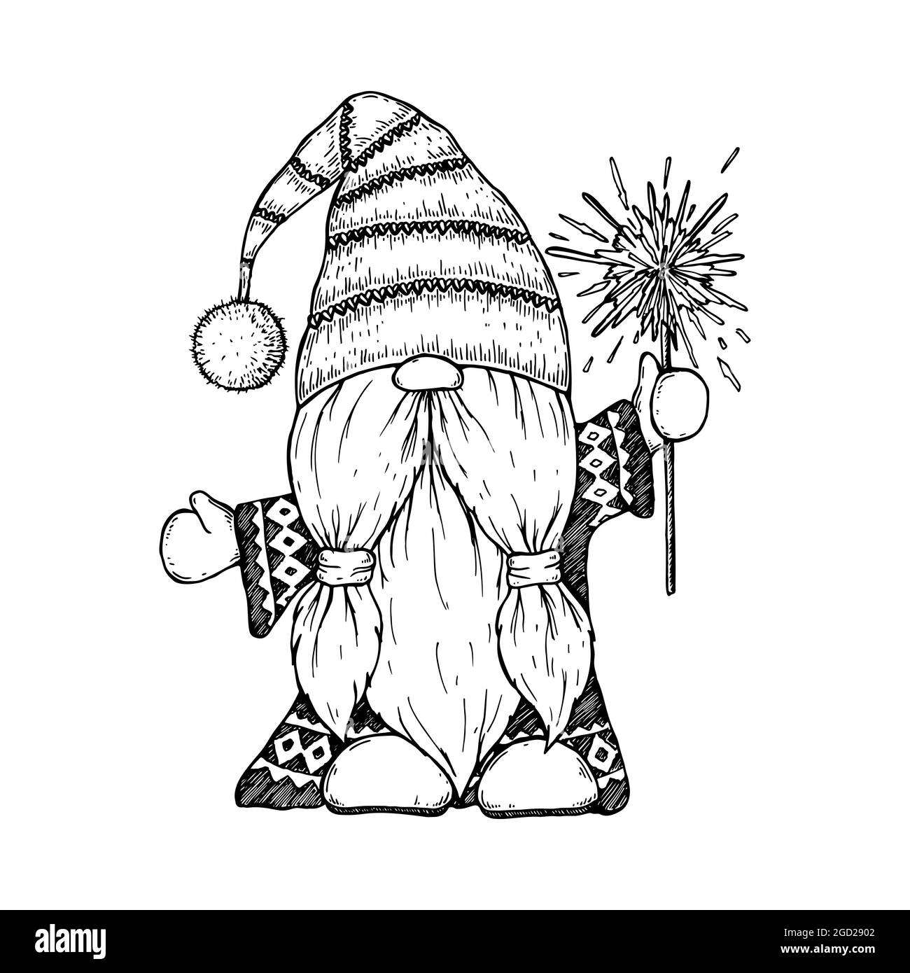 Gnomo di Natale disegnato a mano con sparkler. Illustrazione vettoriale nello stile di schizzo Illustrazione Vettoriale