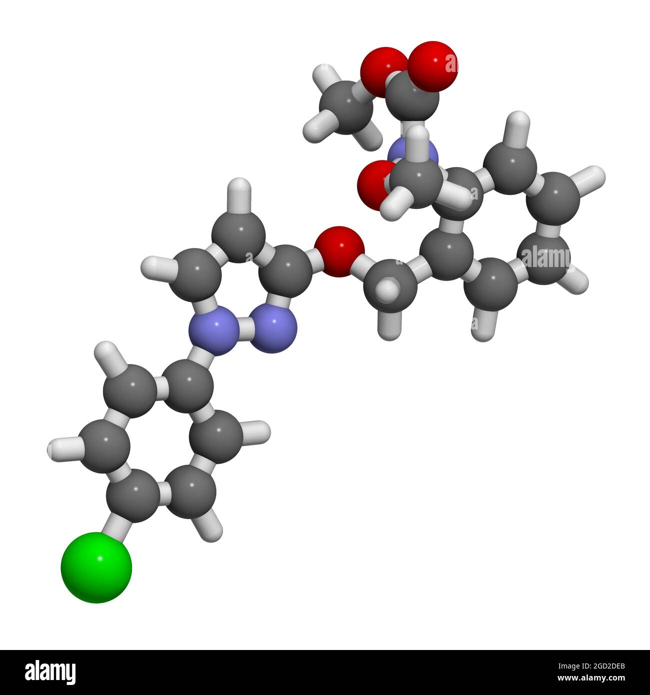 Molecola di fungicida pyraclostrobin. Rendering 3D. Foto Stock