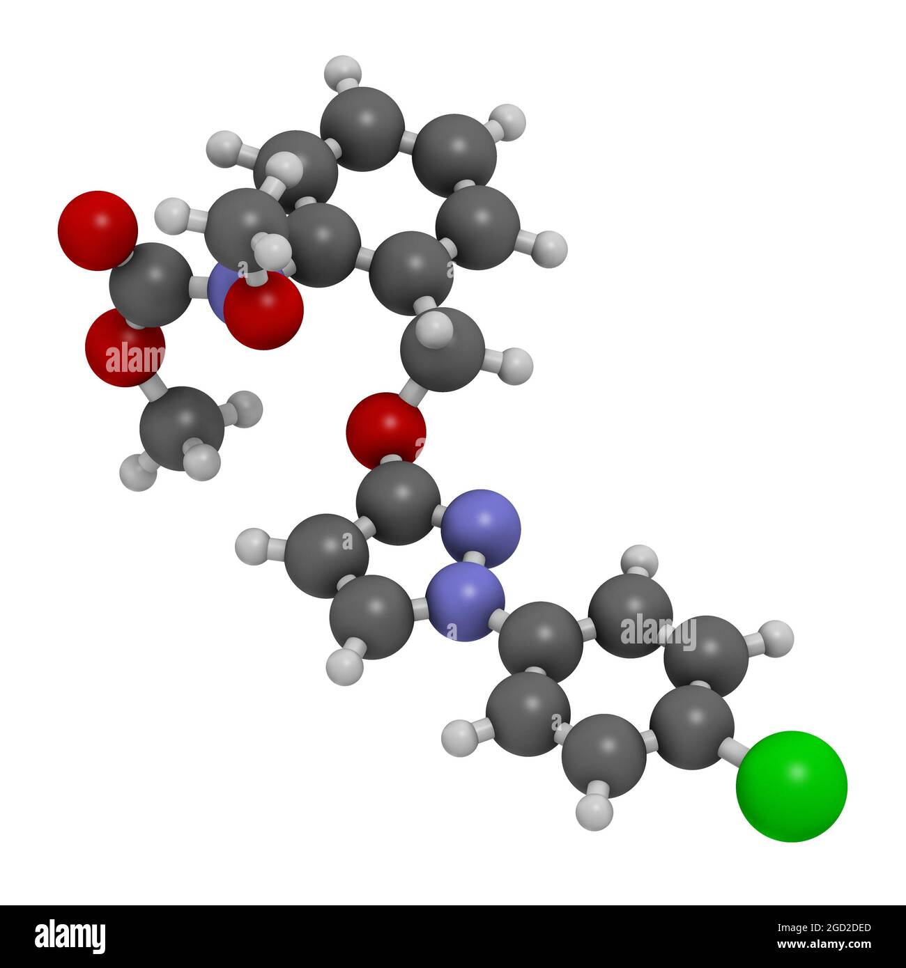 Molecola di fungicida pyraclostrobin. Rendering 3D. Foto Stock