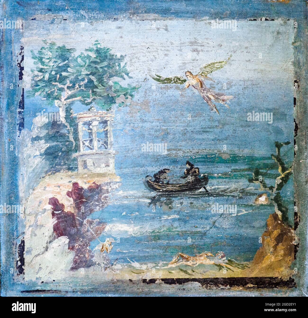 Caduta di Icaro mentre Dedalo è ancora in volo, il corpo di suo figlio Icaro giace a terra in un desolato paesaggio affresco Pompei 45-79 d.C. Foto Stock