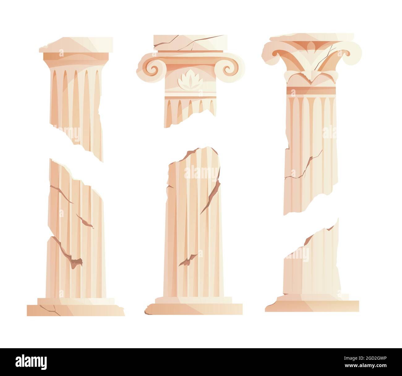 Antiche colonne greche rotte. Antico pilastro romano. Elementi di progettazione della costruzione. Illustrazione Vettoriale