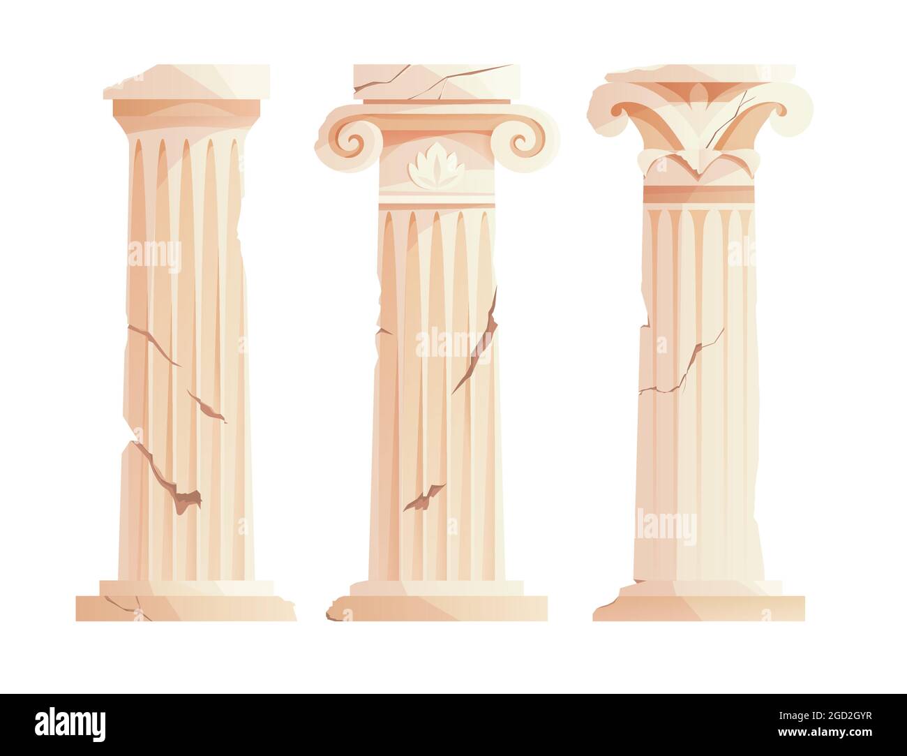 Antiche colonne greche rotte. Antico pilastro romano. Elementi di progettazione della costruzione. Illustrazione Vettoriale