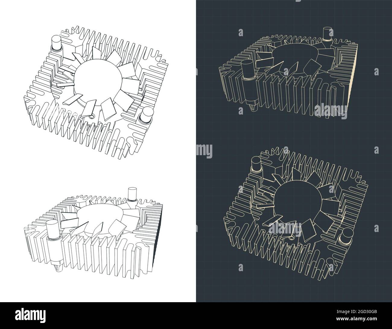 Illustrazione vettoriale stilizzata del disegno del dissipatore con ventola Illustrazione Vettoriale