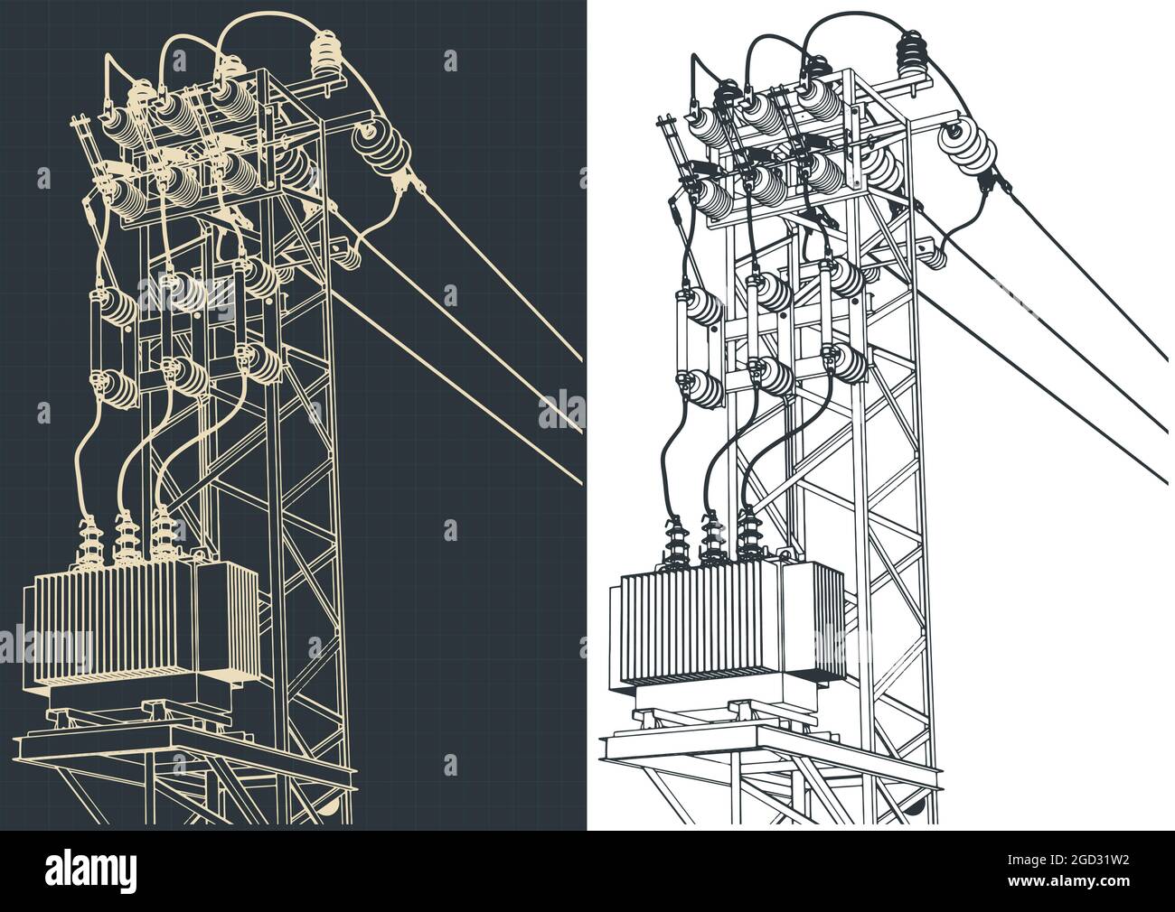 Illustrazione vettoriale stilizzata della stazione del trasformatore a torre dell'alimentatore di linea superiore Illustrazione Vettoriale