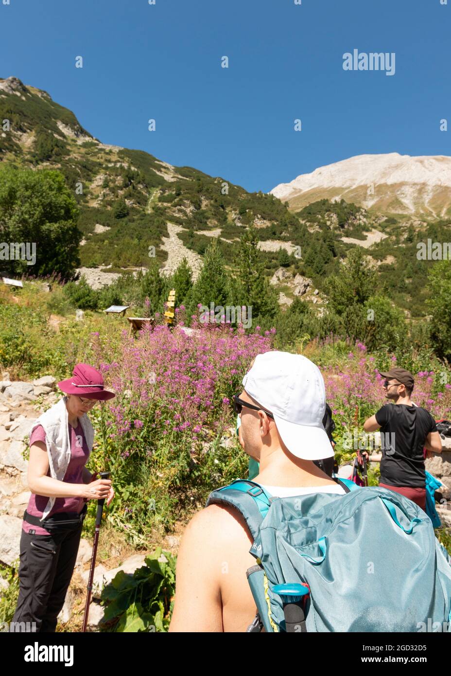 Bulgaria escursioni. Gli escursionisti si preparano per escursioni nel Parco Nazionale e Riserva Pirin, Pirin montagna, Bulgaria, Balcani, Europa Foto Stock