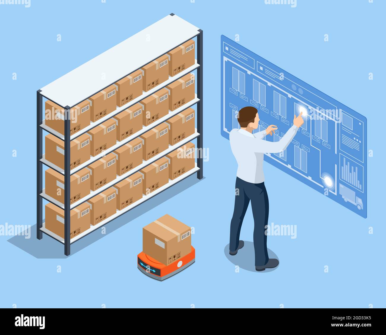 Robot di magazzino automatizzati isometrici. Moderno centro logistico. Magazzino automatizzato. Trasporto autonomo di robot nei magazzini Illustrazione Vettoriale
