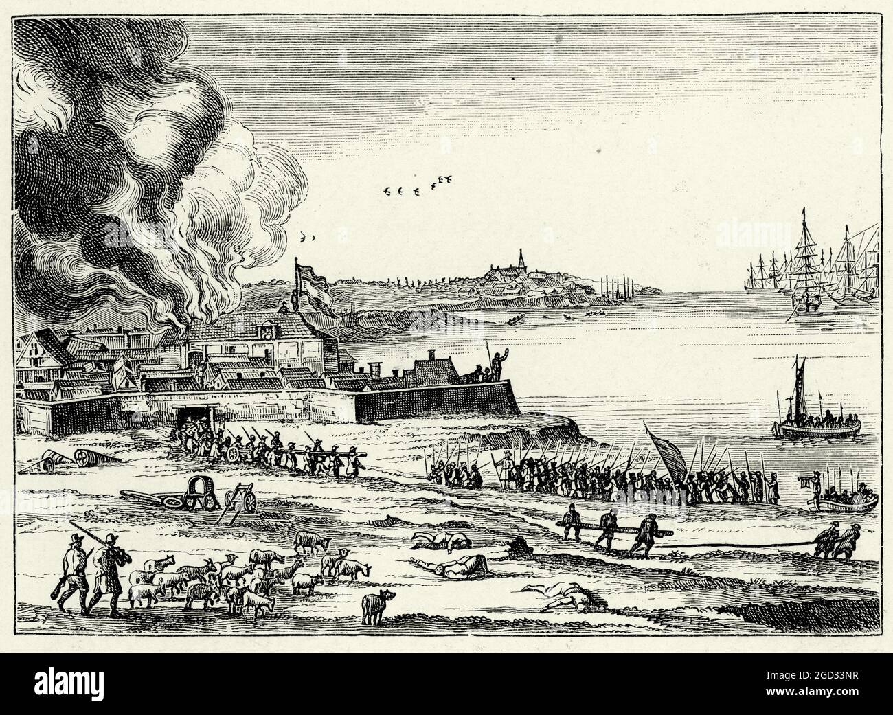 Le forze olandesi hanno bombardato navi inglesi a Sheerness, 1667, RAID on the Medway, seconda guerra anglo-olandese. Dopo la stampa olandese contemporanea Foto Stock