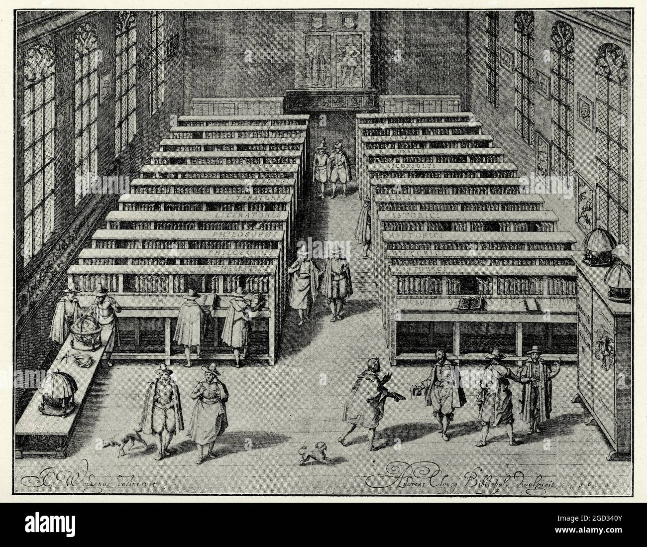 Illustrazione d'epoca Biblioteca universitaria, Leyden, 17 ° secolo dopo Woudanus Foto Stock
