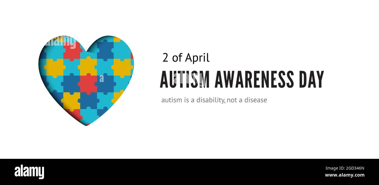 Banner giorno di consapevolezza autismo con puzzle multicolore in forma di cuore illustrazione vettoriale Illustrazione Vettoriale