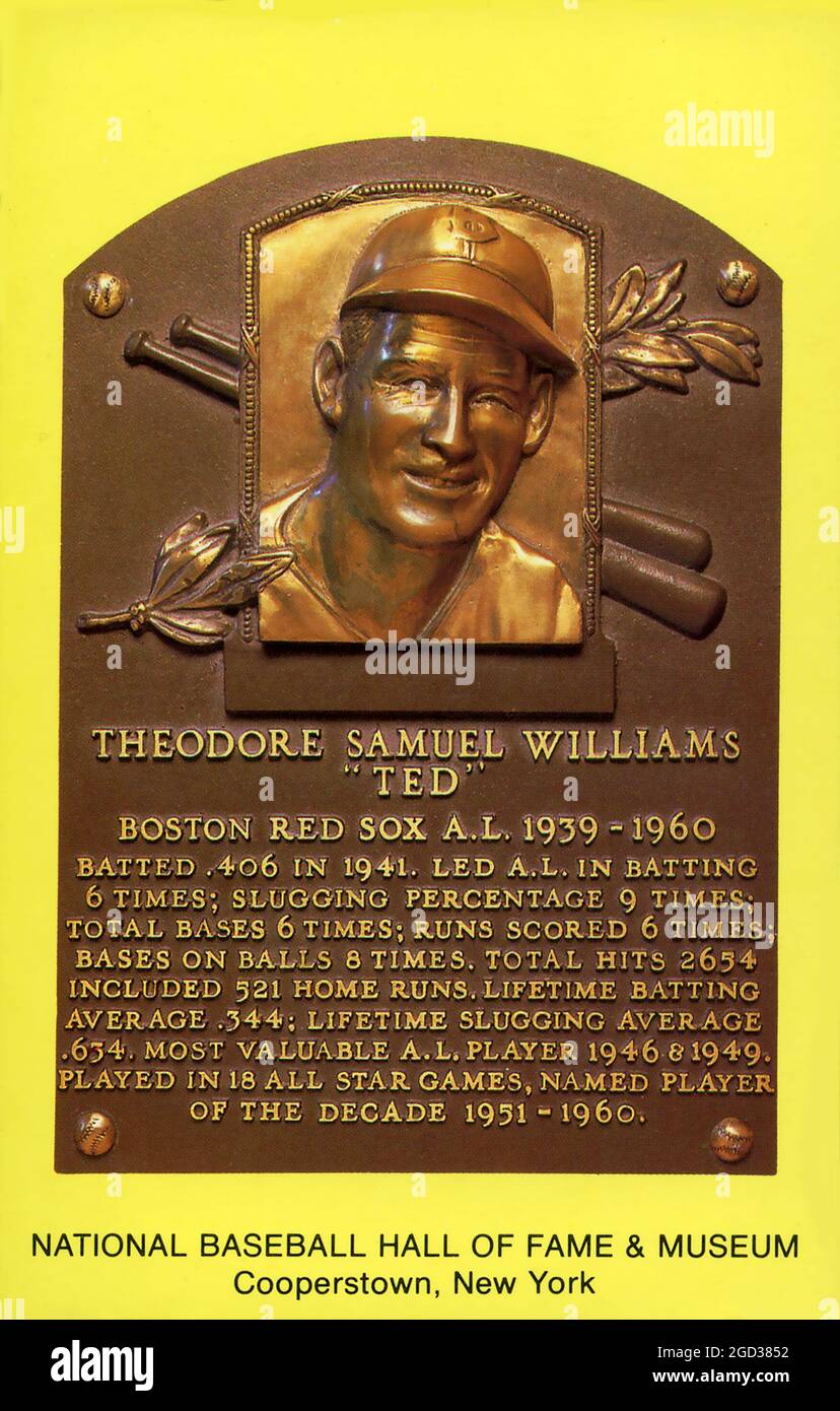 Cartolina ricordo raffigurante la placca della Hall of Fame per il giocatore di baseball Ted Williams dei Boston Red Sox. Foto Stock