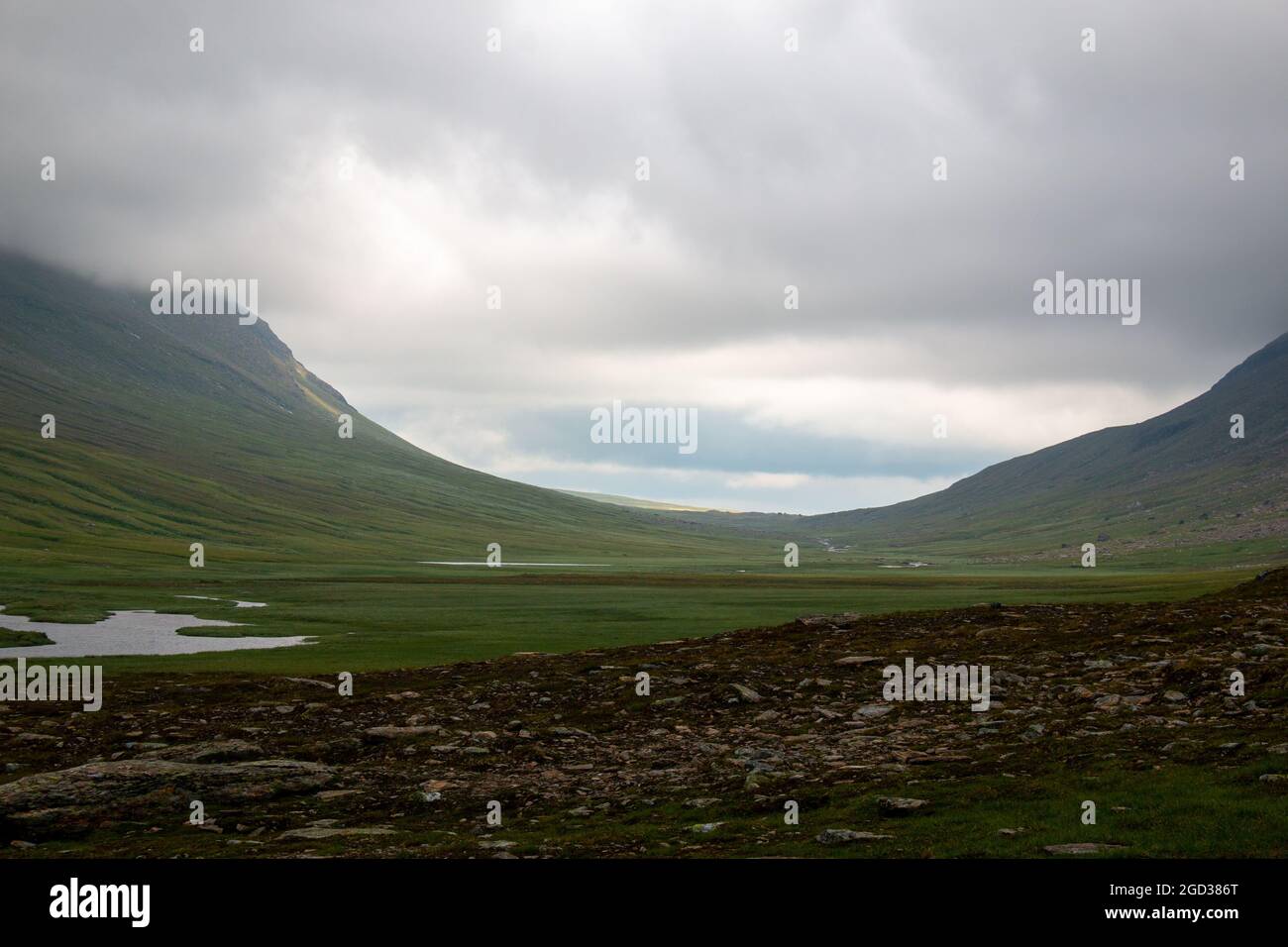 Sentiero Kungsleden passando attraverso la U-valle vicino a Viterskalet, Lapponia, Svezia Foto Stock