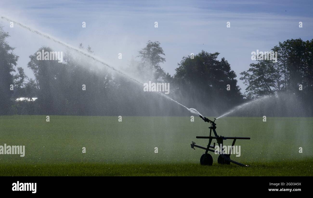 Irrigatore di campo ad alto volume irriga il campo agricolo nel centro di Saanich. Foto Stock