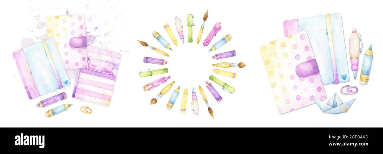 Set di tre disegni acquerelli isolati su sfondo bianco, tra cui articoli di cancelleria e forniture d'arte, per diario, pianificatore, adesivi, album Foto Stock