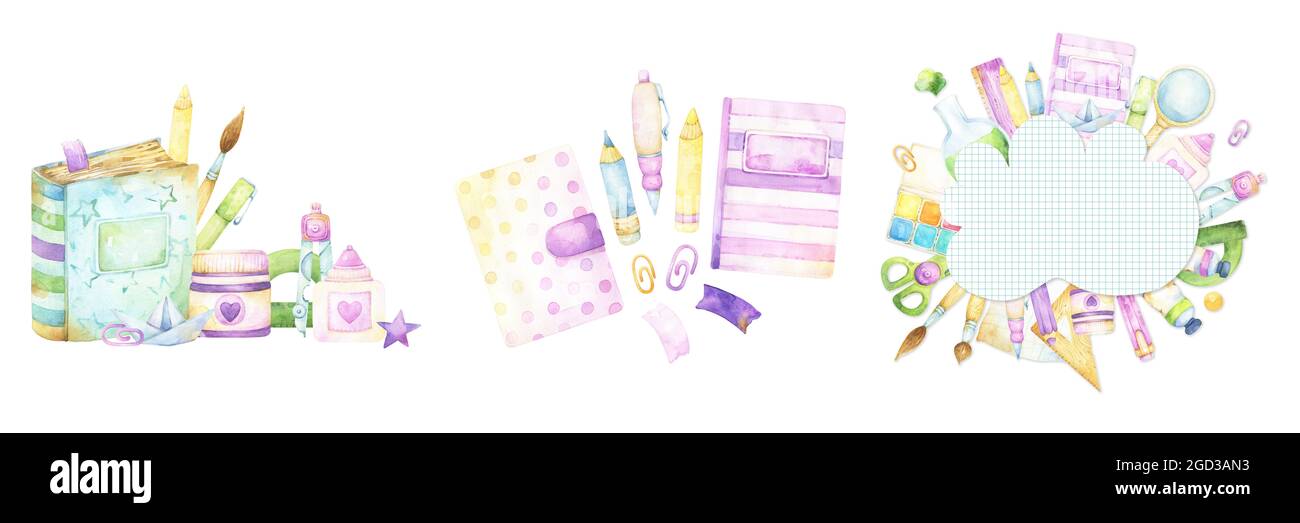 Set di tre torna a scuola, hobby o business watercolor clipart disegni tra cui cancelleria e oggetti d'arte e artigianato per adesivi, pianificatore, diario Foto Stock