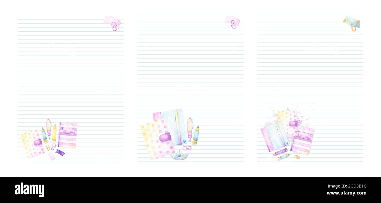 Set di 3 pagine di pianificatore o agenda vuote con grafica di cancelleria ad acquerello nella parte inferiore, inclusi notebook, matite, penne, graffette in rosa Foto Stock