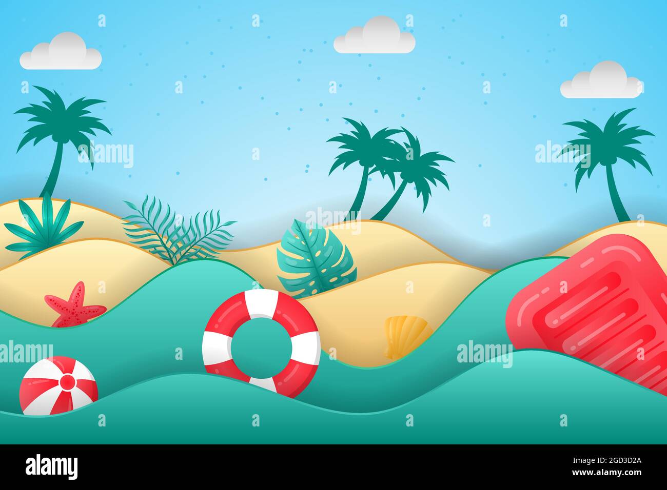 Splendido sfondo estivo in stile taglio di carta con pool galleggianti, palline da spiaggia e piante tropicali. Sfondo spiaggia adatto per l'estate. Illustrazione Vettoriale