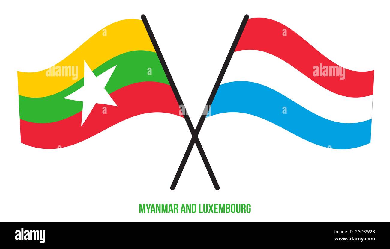 Myanmar e Luxembourg Bandiere incrociate e ondeggianti stile piatto. Proporzione ufficiale. Colori corretti. Foto Stock