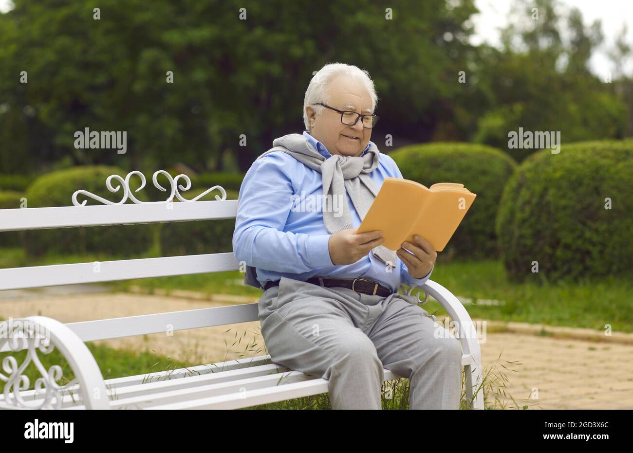 Felice rilassato uomo anziano che riposa leggendo un libro interessante seduto su una panchina del parco. Foto Stock