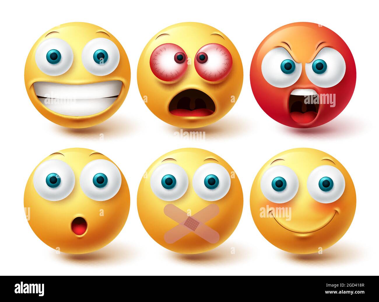 Set di vettori emoji smiley. Smileys emoticon collezione di icone giallo e rosso espressione facciale isolata su sfondo bianco per elementi grafici di design. Illustrazione Vettoriale