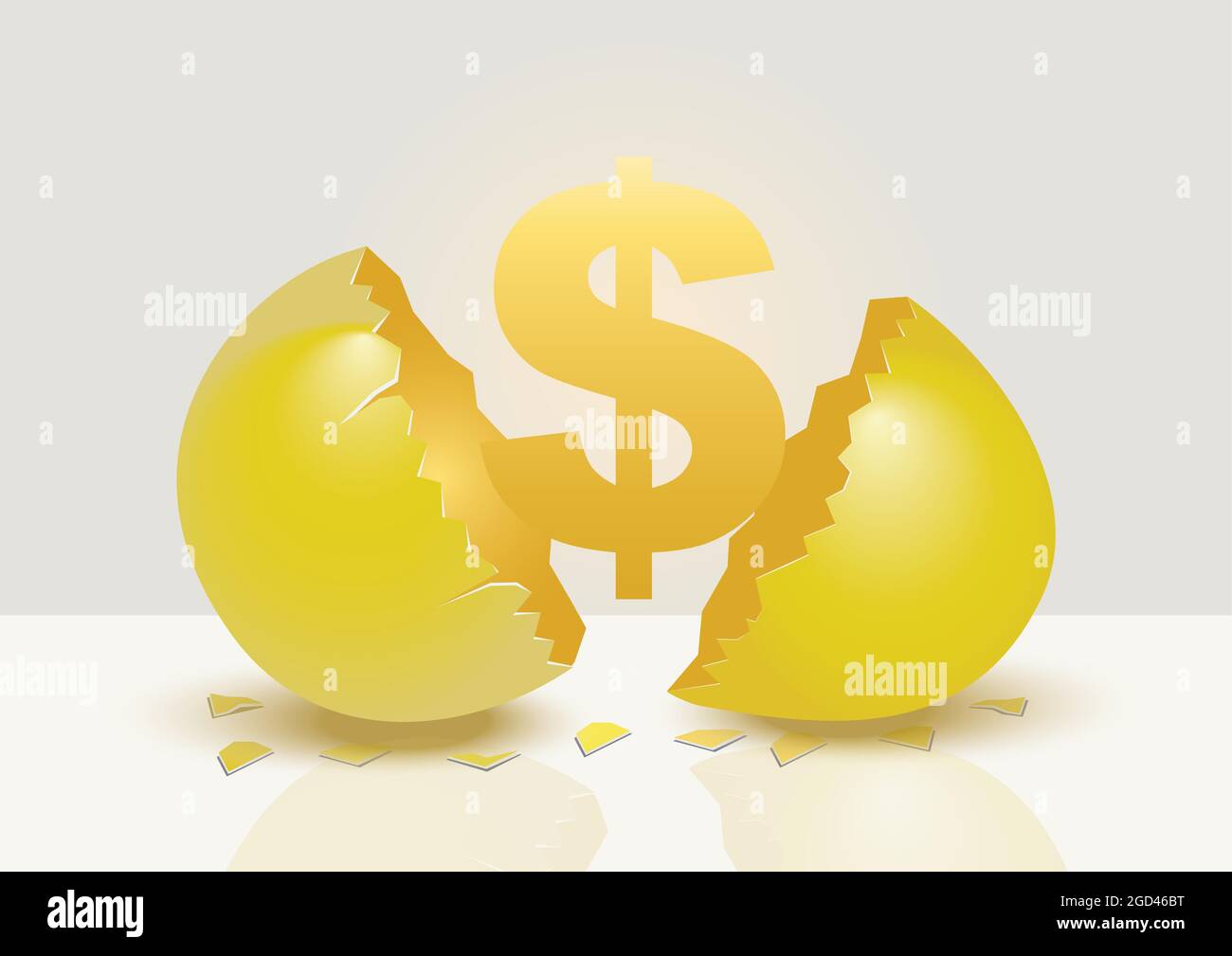 Il segno del denaro d'oro che emerge da un uovo d'oro aperto spaccato. Illustrazione vettoriale creativa per il concetto di metafora d'uovo dorato isolato su sfondo grigio Illustrazione Vettoriale