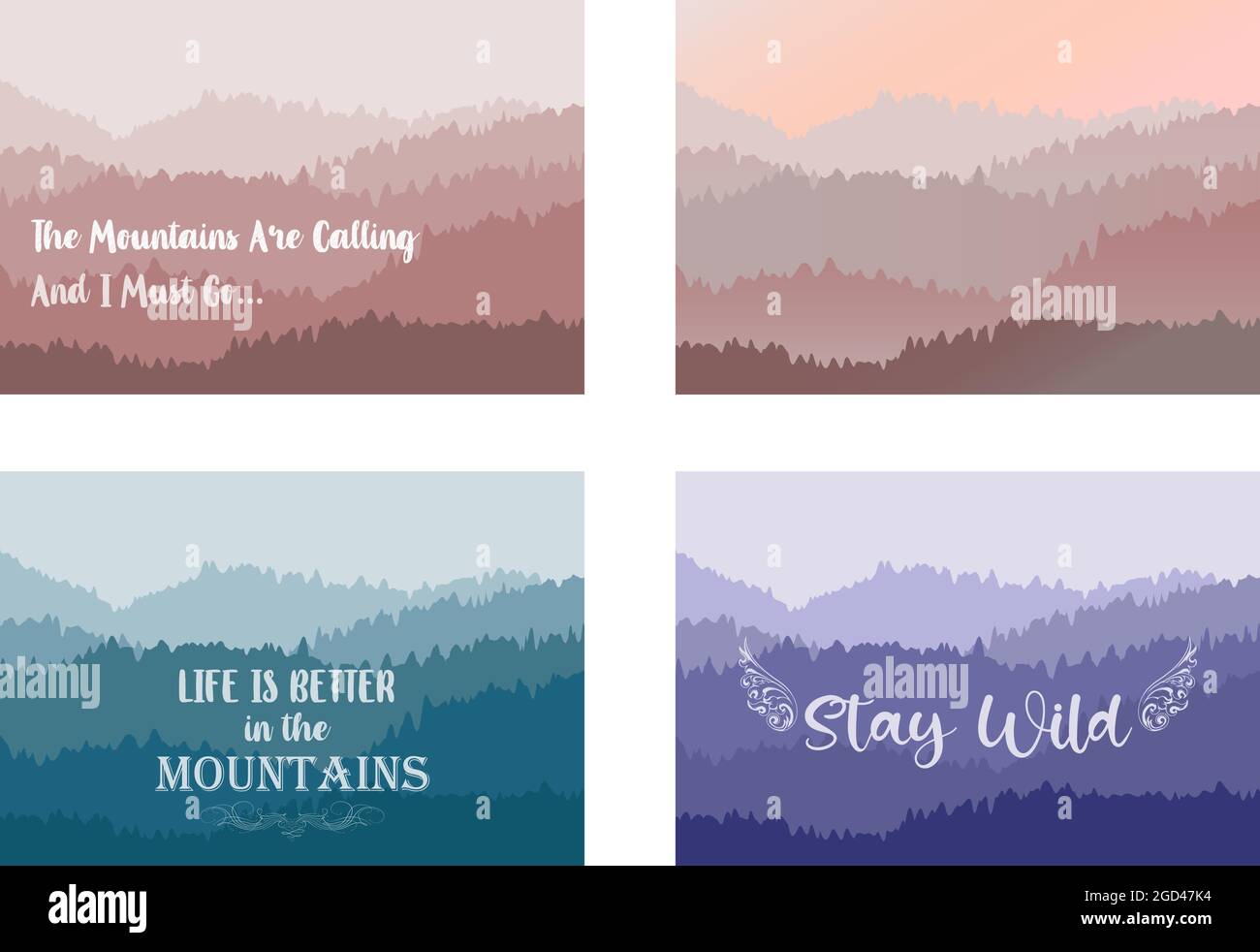 Insieme di quattro paesaggi naturali gradiente con nebbia scenario in montagna Illustrazione Vettoriale