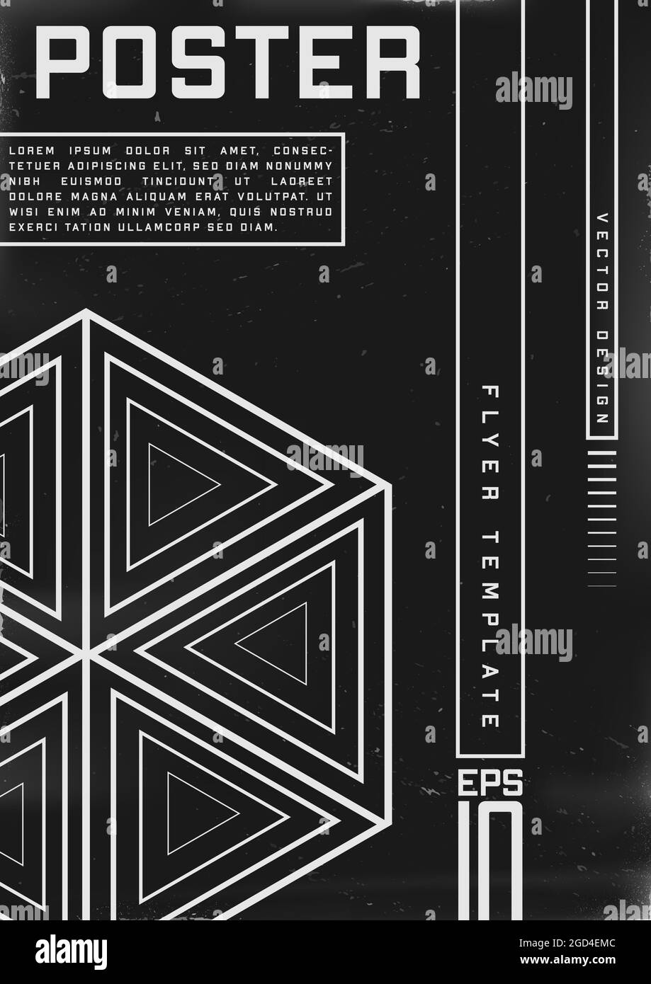 Poster dal design retrovuturistico. Poster in stile Cyberpunk 80s con forma a geometria esagonale con triangoli. Modello shabby graffiato flyer per Illustrazione Vettoriale