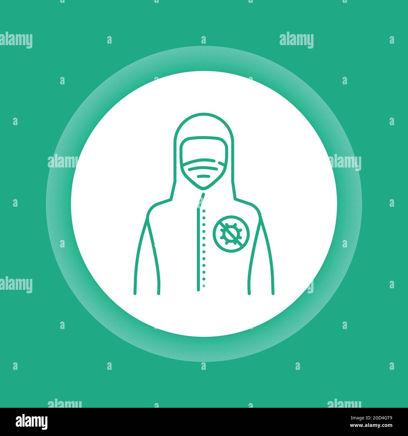 Icona del pulsante a colori del medico o del lavoratore in tuta medica protettiva. Illustrazione Vettoriale