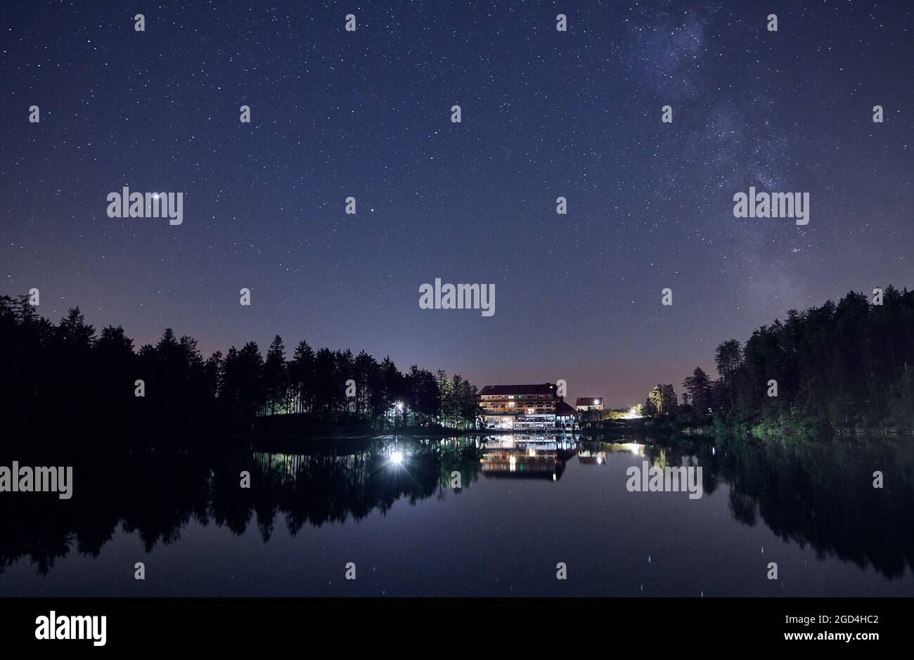 Cielo notturno con campo stellare e la strada lattea sul lago Mummelsee a Seebach, Foresta Nera, Germania, Europa. Foto Stock