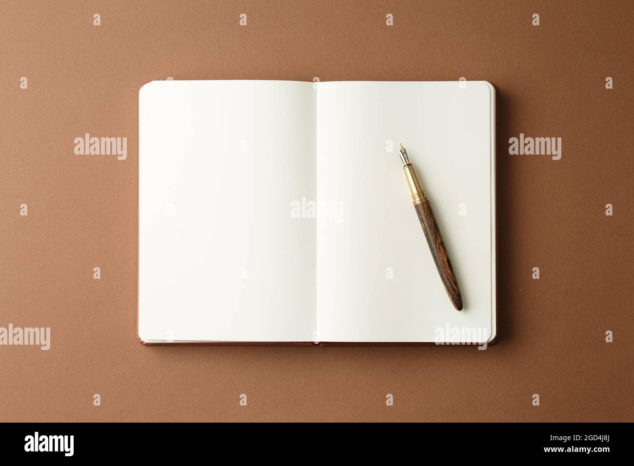 Aprire il diario con penna stilografica e pianta in vaso. Foto Stock
