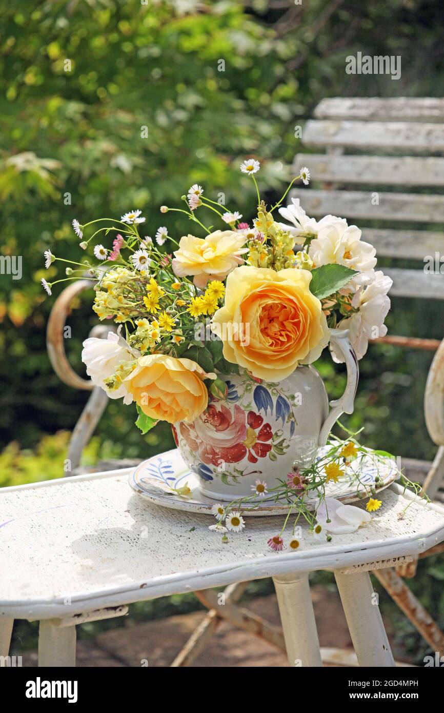 Botany, rose in una caraffa su un tavolo all'aperto, ULTERIORI-DIRITTI-AUTORIZZAZIONE-INFORMAZIONI-NON-DISPONIBILI Foto Stock
