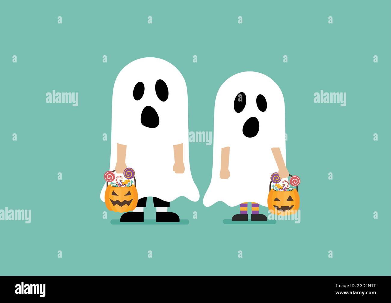 Bambini con cesto di zucca vestito con costumi fantasma. Festa di Halloween. Illustrazione vettoriale Illustrazione Vettoriale