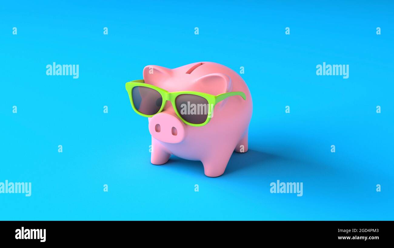Banco di porcellini in occhiali da sole. Risparmi di vacanza. rendering 3d. Foto Stock