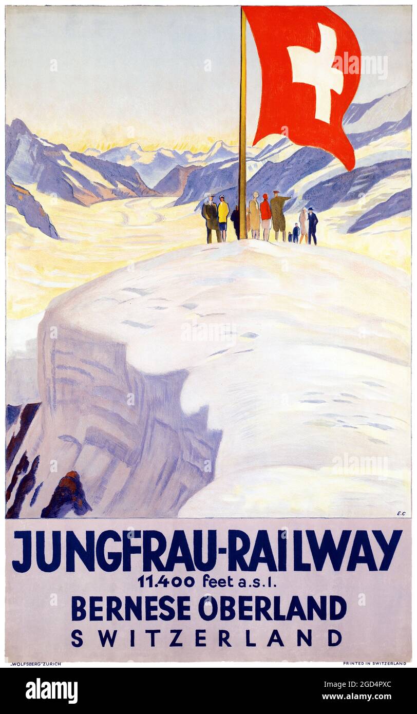 Wintersport a Zwitserland di Bernhard Reber (1910-1992) restaurata poster d'epoca pubblicato nel 1935 in Svizzera. Foto Stock