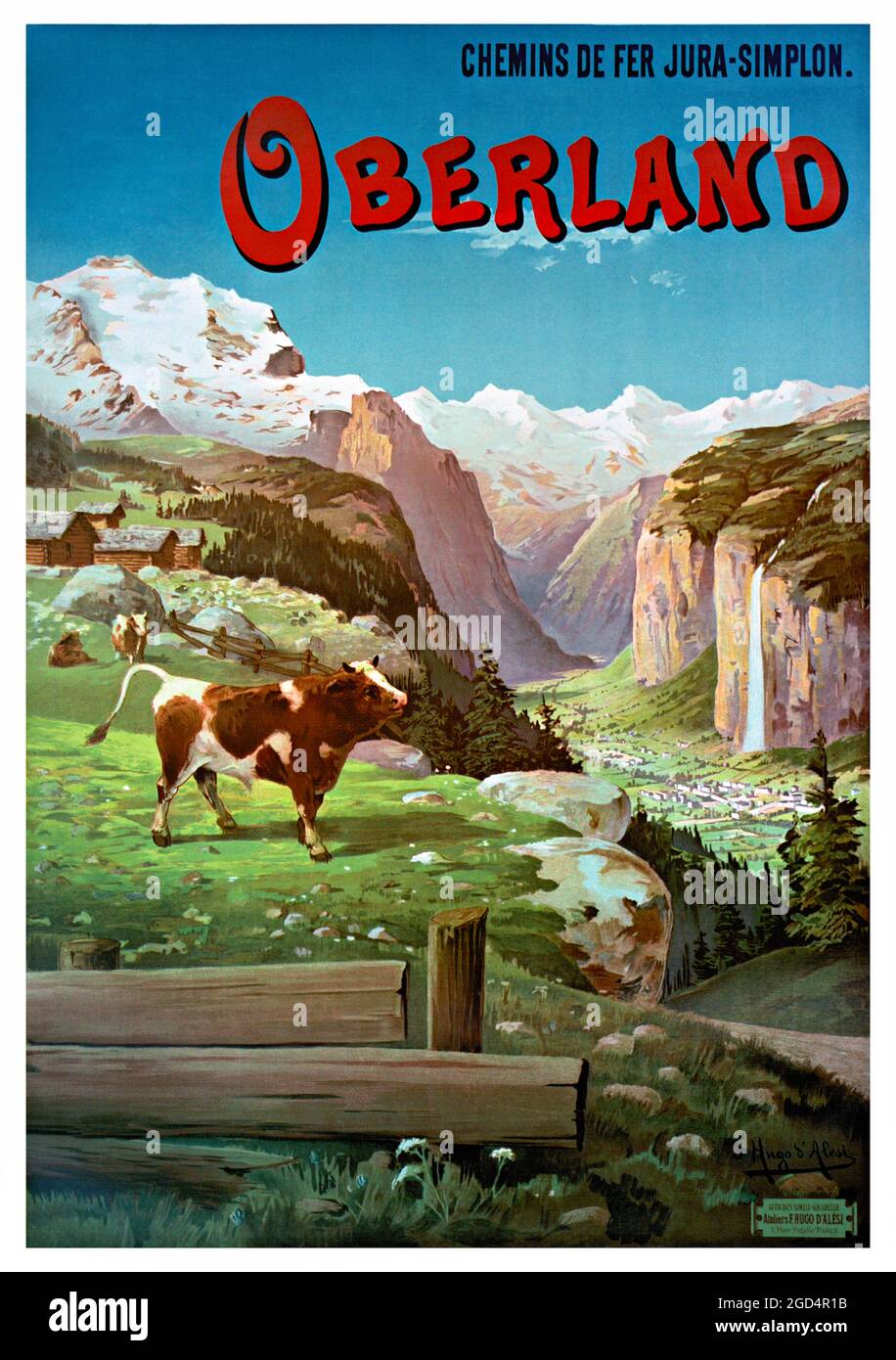 Oberland. Chemins de Fer Jura-Sempione di Frederic Hugo d'Alési (1849-1906). Poster vintage restaurato pubblicato nel 1895 in Svizzera. Foto Stock