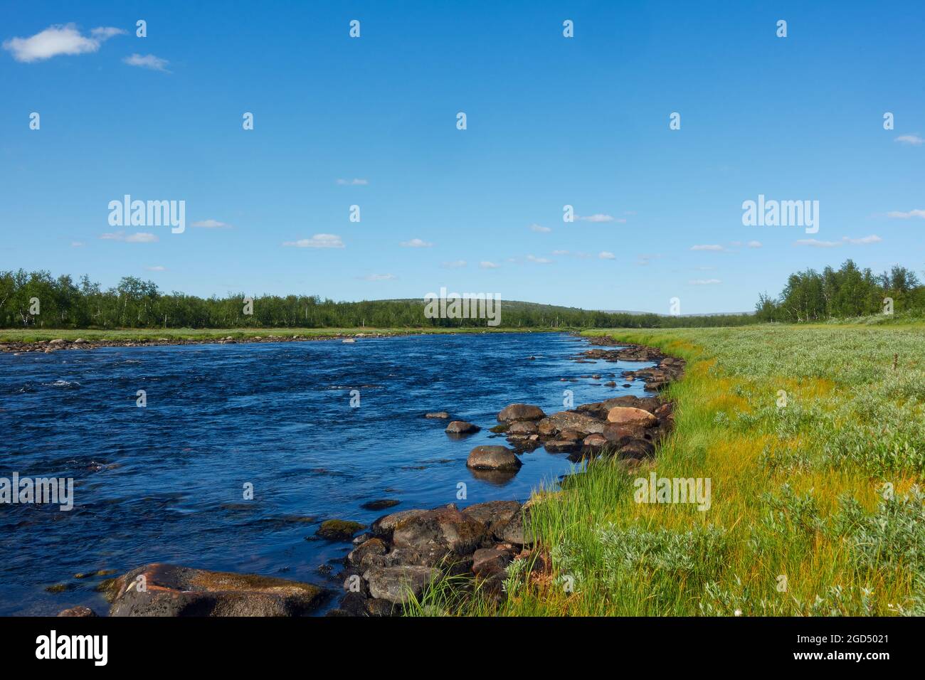 La parte superiore del fiume Laino in giornata di sole all'inizio di agosto 2021 si trova nella natura selvaggia del comune di Kiruna, nell'estremo nord dello Swedi Foto Stock