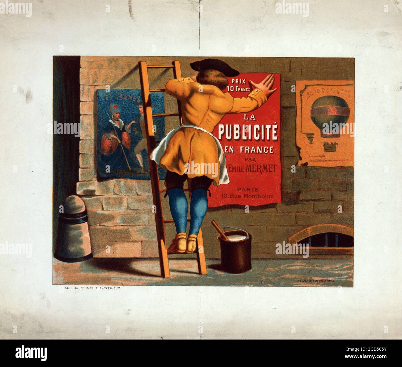 Manifesto francese di antiquariato - uomo che pubblica un annuncio per 'la publicité en France par Emile Mermet' Parigi : F. Appel, tra il 1870 e il 1900. Foto Stock