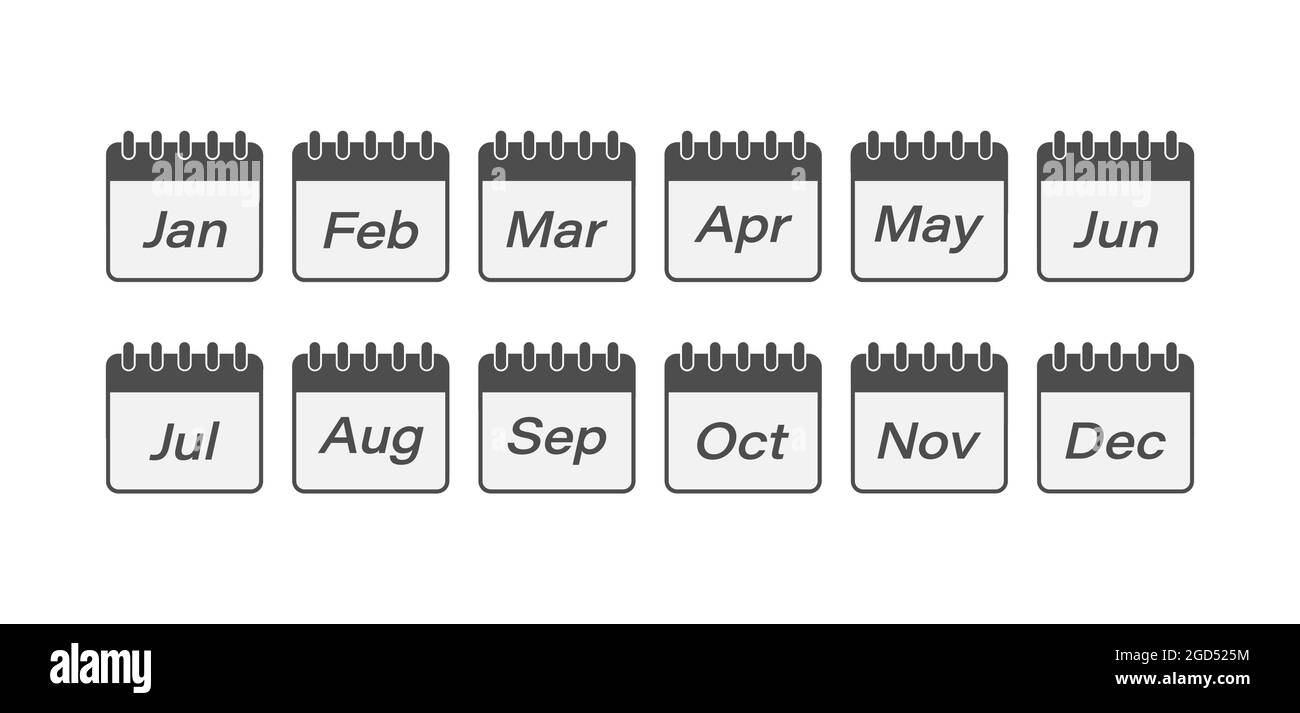 insieme di fogli di calendario con il nome dei mesi dell'anno. Vettore per siti web, applicazioni e design creativo. Stile semplice Illustrazione Vettoriale