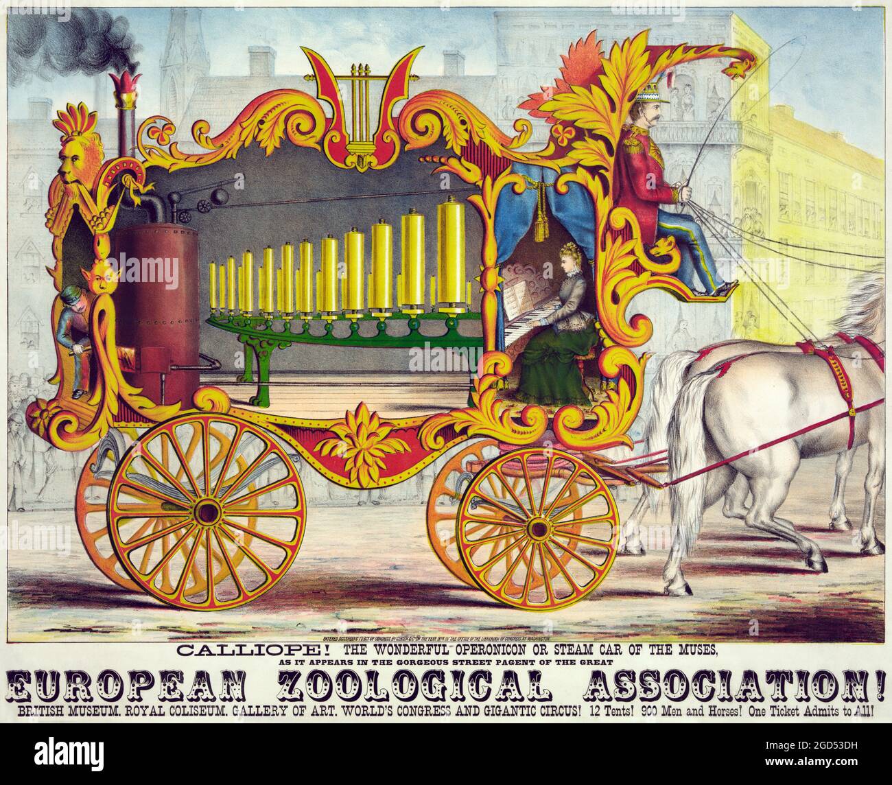 Vintage Circus poster - Calliope, il meraviglioso operonicon o auto a vapore delle muse, poster pubblicitario, 1874. ASSOCIAZIONE ZOOLOGICA EUROPEA! Foto Stock