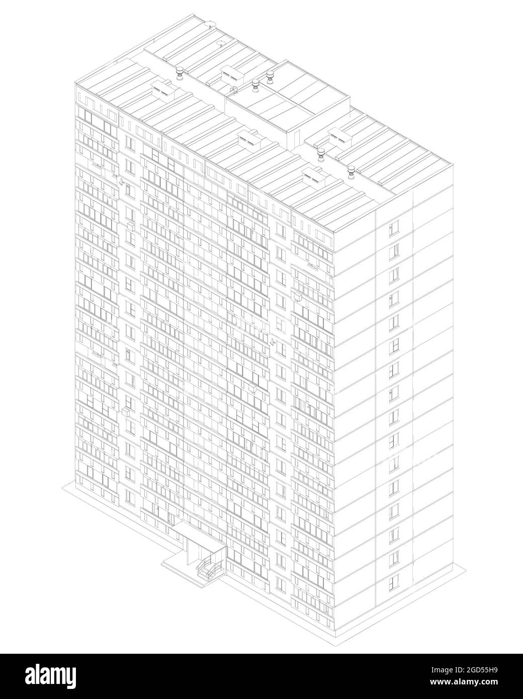 Il contorno di un edificio a più piani dalle linee nere isolate su uno sfondo bianco. 3D. Vista isometrica. Illustrazione vettoriale. Illustrazione Vettoriale