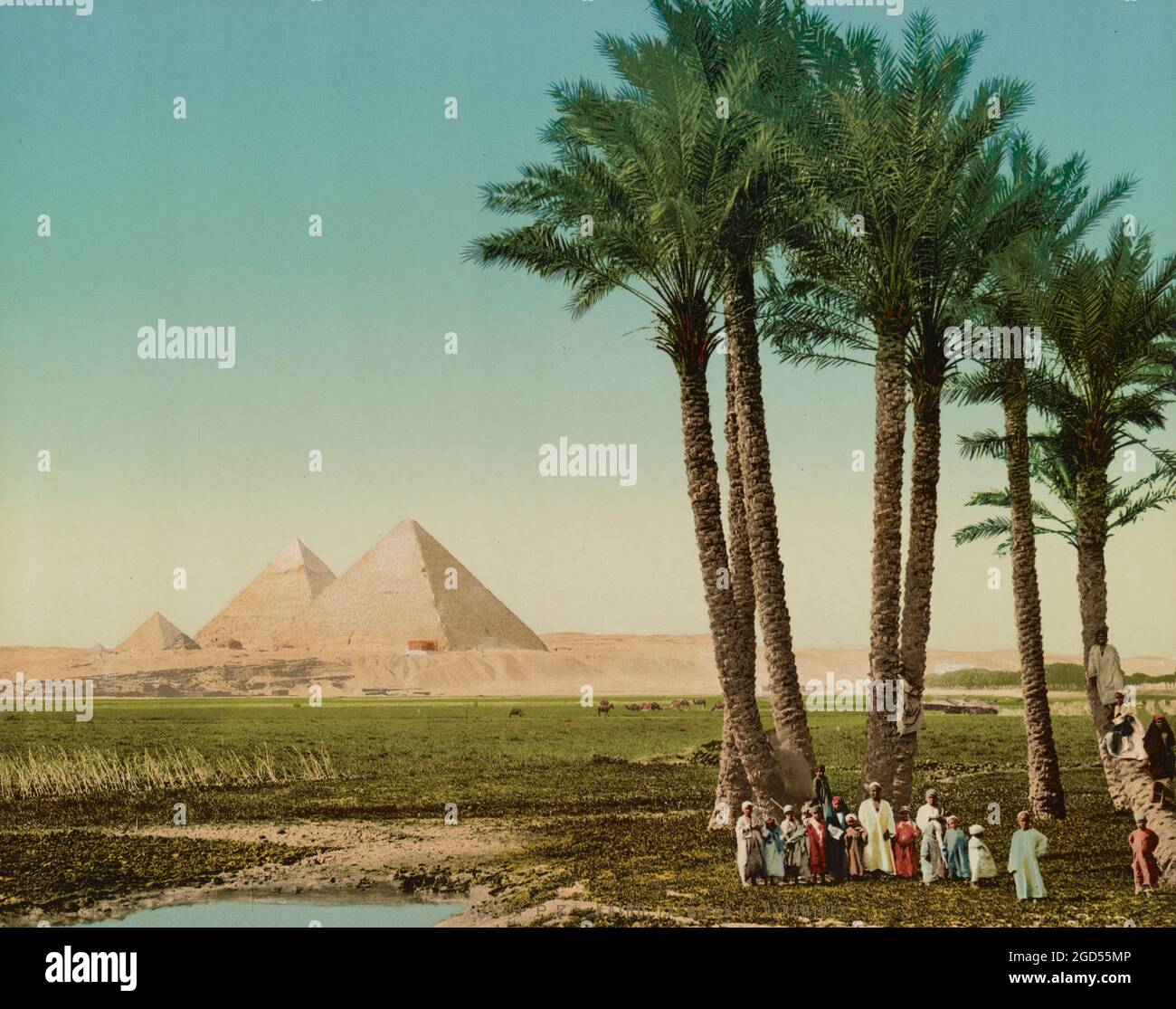 Kairo Pyramids 1890. Foto vintage colorata. Photoglob Co., editore. Stampa Photochrom. Foto Stock