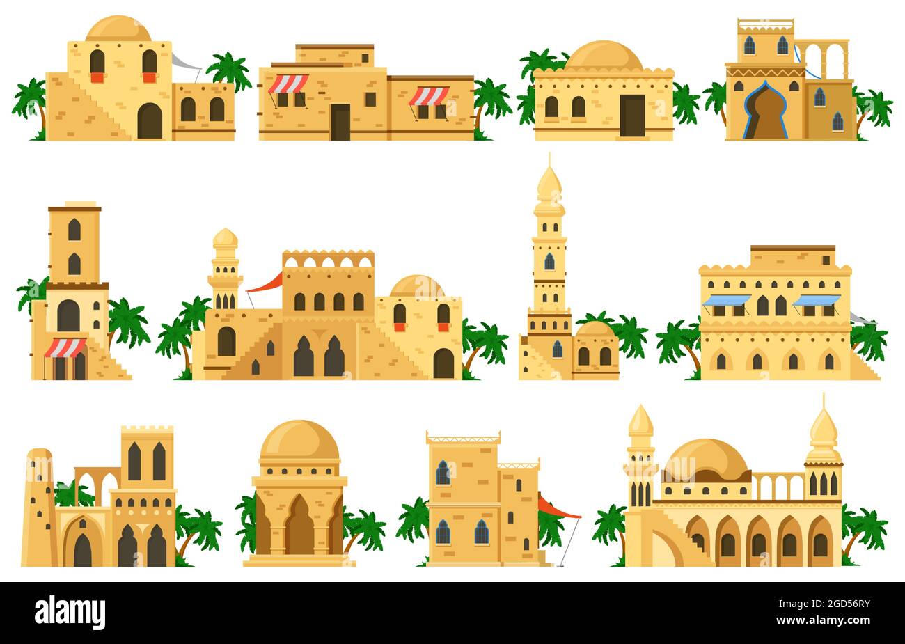 Edifici arabi orientali tradizionali in mattoni di fango. Autentiche case di fango musulmane, moschea, rotunda, torre vettoriale illustrazione set. Tradizionale Illustrazione Vettoriale