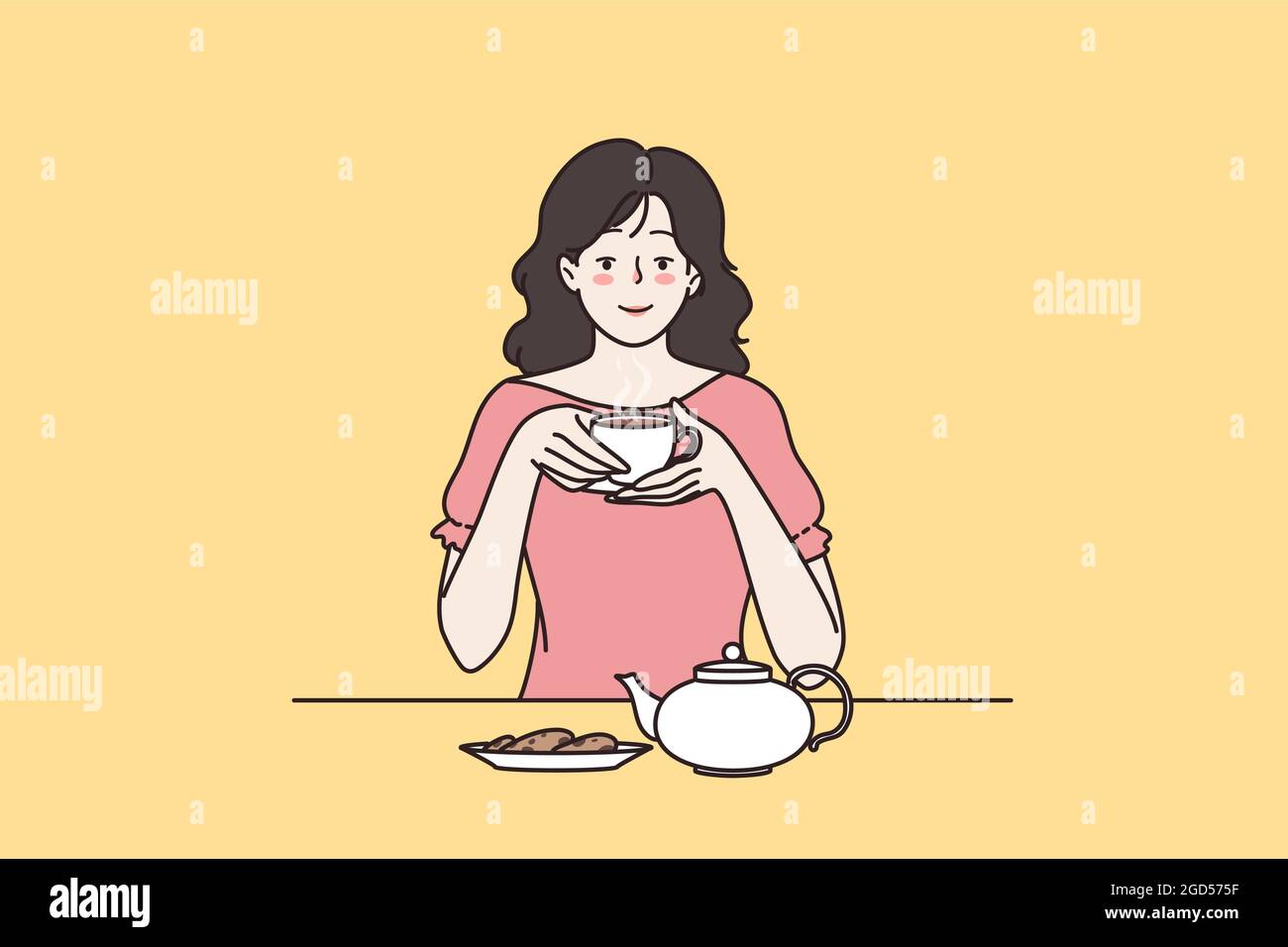 Goditi il concetto di cerimonia del tè. Giovane donna positiva seduta bere tè fresco con dolci su piatto sensazione felice illustrazione vettoriale Illustrazione Vettoriale