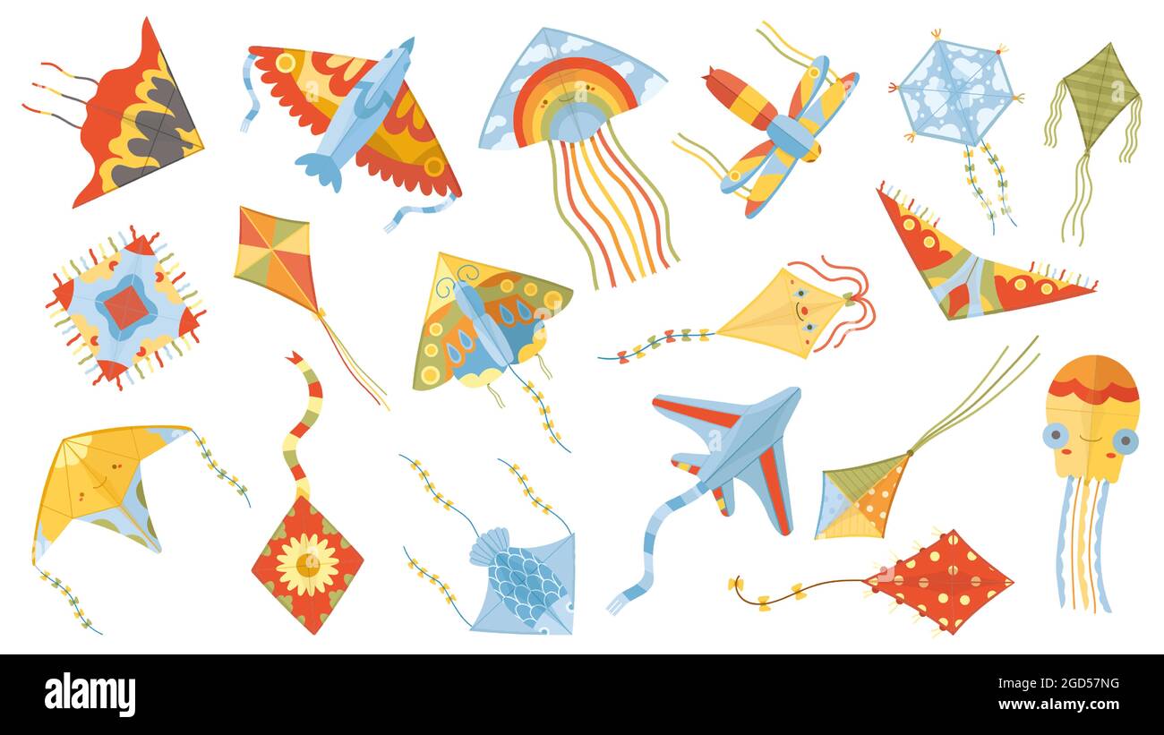 Cartoon bambini giochi di carta volante aquiloni giocattoli. Attività  estive all'aperto, kite festival volare aquiloni vettore illustrazione set. Giocattoli  di carta kite per bambini Immagine e Vettoriale - Alamy