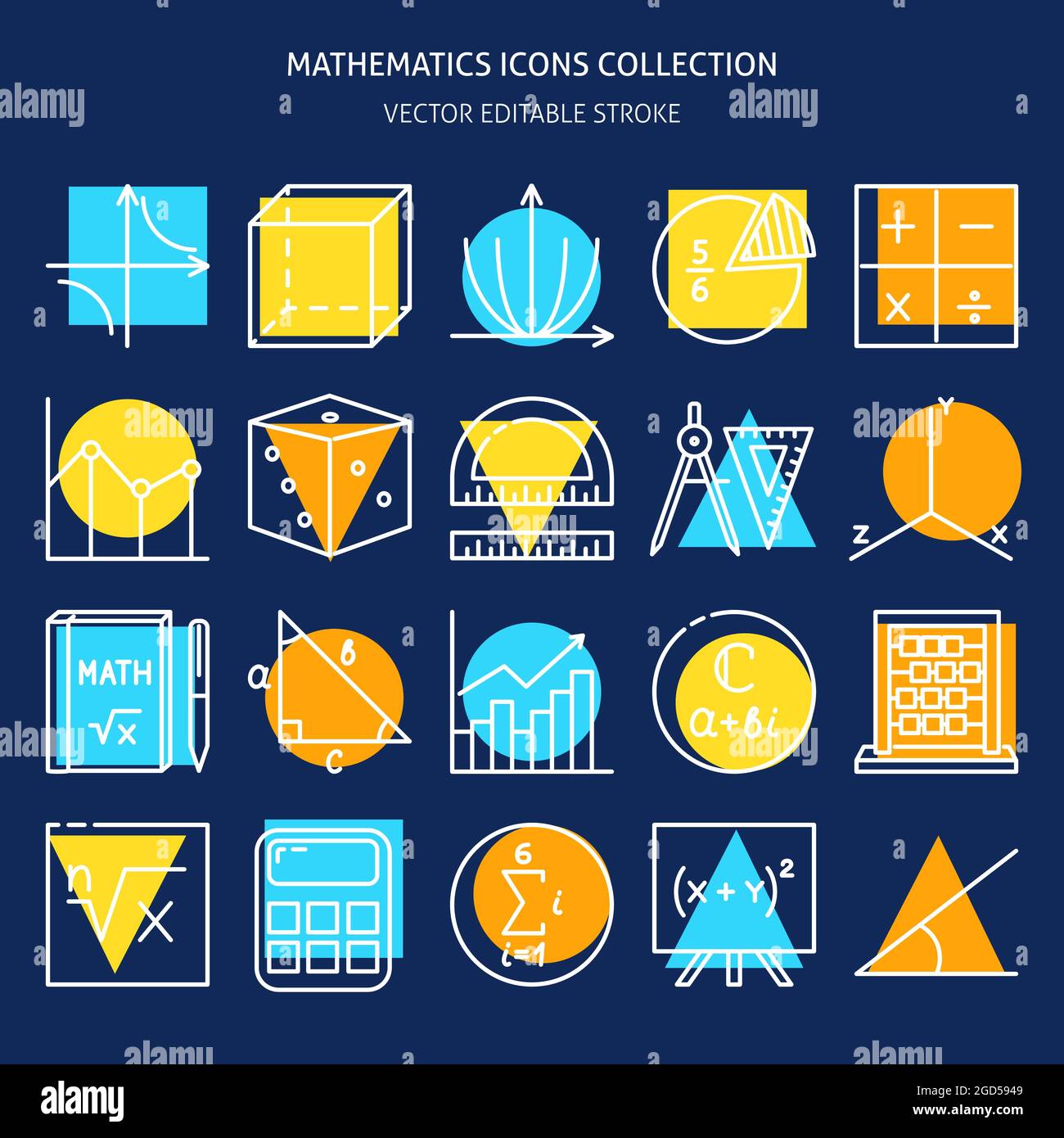 Collezione di icone matematiche in stile linea colorato. Set di simboli ed espressioni matematiche. Illustrazione vettoriale modificabile. Illustrazione Vettoriale